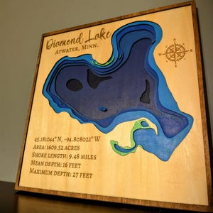 May include: Wooden wall art of Diamond Lake in Atwater, Minnesota, with layered blue and green depths. The artwork includes a compass rose and text detailing the lake's area, shore length, and depths. The maximum depth is 27 feet.
