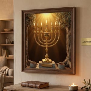 Op de afbeelding: Een ingelijst kunstwerk met een gouden menora met brandende kaarsen, tegen een donkere achtergrond met lichtstralen. De lijst is bruin en het kunstwerk is gelabeld met "A2 FORMAT - 42.0 x 59.4 cm".