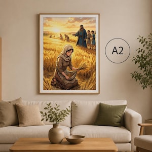 Op de afbeelding: Een ingelijste wandkunstprint met het label A2 die een scène in een goudkleurig tarweveld bij zonsondergang weergeeft. Een persoon met een hoofdbedekking en bruine kleding knielt op de voorgrond om graan te oogsten, terwijl figuren in de verte staan.