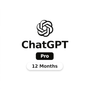 Può includere: Sfondo bianco con il logo ChatGPT, un simbolo stilizzato in bianco e nero. Sotto il logo, il testo "ChatGPT" in grassetto nero. Sotto, un rettangolo nero indica "Pro", e un rettangolo bianco arrotondato dice "12 Months".
