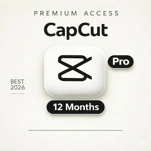 May include: A white graphic with the text "PREMIUM ACCESS" and "CapCut" in black. Below is a white rounded square with a black design and the word "Pro" in a black oval. The text "BEST 2026" and "12 Months" are also present.