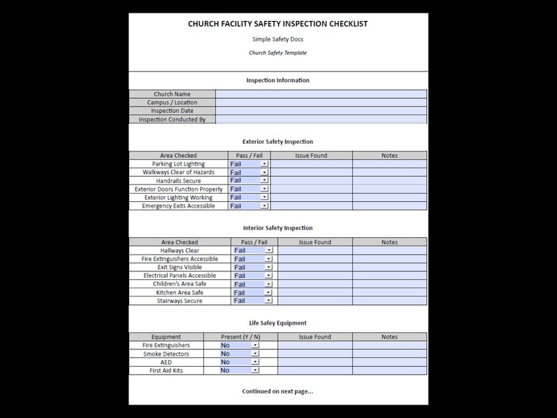 Church Work Checklist Church Safety Inspection Checklist | Facility Safety Form | Fillable ...