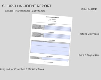 Szablon raportu o incydencie w kościele | Wypełniany plik PDF | Formularz bezpieczeństwa w kościele | Edytowalny raport o incydencie | Natychmiastowe pobranie
