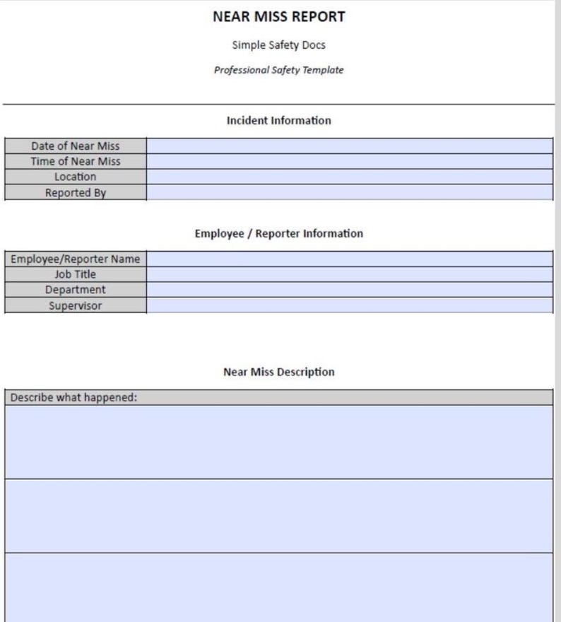 Near Miss Report Form | OSHA Safety Template | Editable PDF ...