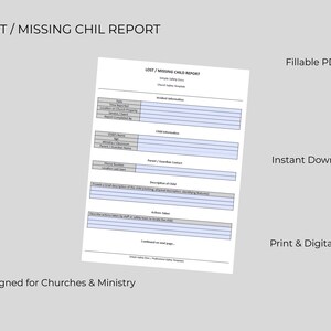 Lost Missing Child Report | Church Safety Form | Fillable PDF | Child Safety Template | Church Emergency Form | Kids Ministry Safety