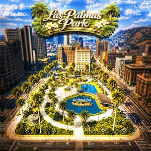 Peut inclure: Représentation artistique du parc Las Palmas, avec un lagon central entouré de palmiers et de verdure luxuriante. L'image présente un paysage urbain avec de grands bâtiments et un ciel bleu vif avec des nuages. Le nom du parc est affiché dans une bannière décorative.