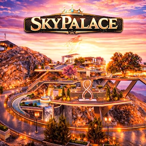 Peut inclure: Illustration numérique d'un complexe de luxe nommé "SKY PALACE" perché sur une montagne. Le design est moderne, avec plusieurs niveaux, des piscines et une route sinueuse. Le ciel affiche un mélange vibrant d'orange, de rose et de violet.