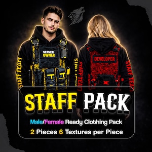 Puede incluir: Imagen promocional de un Staff Pack, que muestra a dos personas con sudaderas con capucha negras y chalecos tácticos. Los chalecos están adornados con texto y diseños, incluyendo "SERVER OWNER" y "DEVELOPER". La imagen también muestra el texto "STAFF PACK" y detalles del producto.