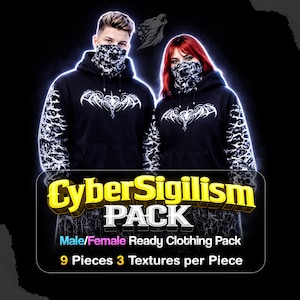 Può includere: Felpe con cappuccio nere con disegni grafici bianchi e coperture per il viso abbinate. L'immagine mostra un "CyberSigilism PACK" con testo che indica un pacchetto di abbigliamento pronto con 9 pezzi e 3 trame per pezzo.