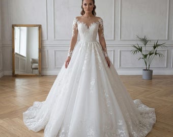 Suknia ślubna z długim rękawem i koronką w kształcie kuli – elegancka suknia ślubna z przezroczystym dekoltem