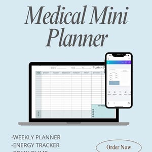 Può includere: Un mini pianificatore medico digitale visualizzato su un laptop e uno smartphone. Lo schermo del laptop mostra un layout di pianificatore settimanale. Lo smartphone mostra un'interfaccia simile. Il testo include "Medical Mini Planner" e "Order Now".