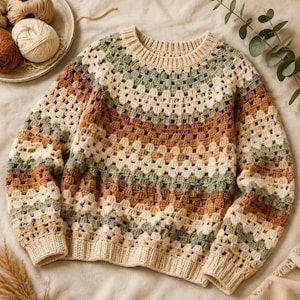 Könnte beinhalten: Ein langärmeliger Häkelpullover mit Granny-Square-Muster in horizontalen Streifen aus Creme, Salbeigrün und Terrakottabraun. Das Kleidungsstück hat einen gerippten Rundhalsausschnitt, gerippte Bündchen und einen gerippten Saum im Lochmuster.