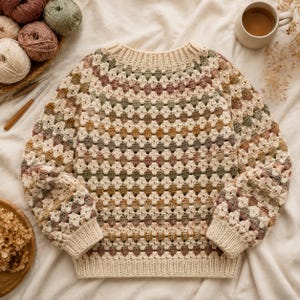 Könnte beinhalten: Ein langärmeliger Häkelpullover mit einem sich wiederholenden Rautenmuster in gedeckten Tönen von Creme, Salbeigrün, Altrosa und Senfgelb. Das Kleidungsstück hat einen gerippten Rundhalsausschnitt, gerippte Bündchen und einen gerippten Saum in Creme.