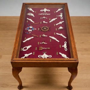 May include: A wooden display case with a glass top, displaying various nautical knots and miniature ship components on a red velvet background. The case is set on a wooden table with curved legs. The text "hunter4old" is visible.