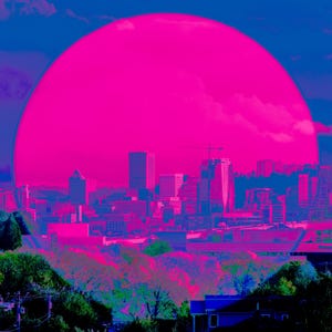 May include: A digital art print featuring a cityscape under a large, vibrant pink sun. The buildings are silhouetted against the colorful sky, with shades of blue and pink dominating the scene. The word "OFFBEAT" is in the bottom right corner.
