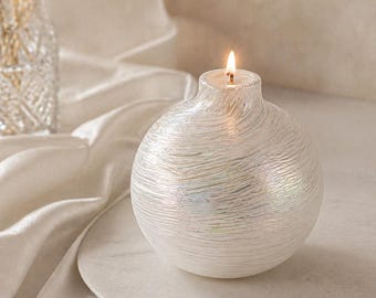 Hand Blown Glass Oil Lamp – Iridescent Pearl Swirl Globe, Tabletop Decor