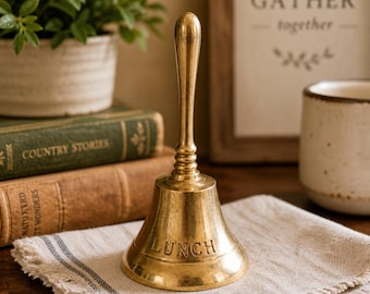 Vintage Brass Hand Bell “Lunch” Engraved School Bell Dinner Bell Teacher Bell Farmhouse Decor
