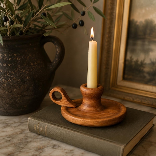 Vintage Wooden Chamberstick Candle Holder – Rustic Turned Wood Candlestick with Finger Loop