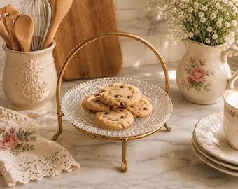 Vintage Glass Tidbit Tray with Gold Metal Stand | Pressed Glass Candy Dish | Hollywood Regency Vanity Decor | Cottagecore Serving Tray