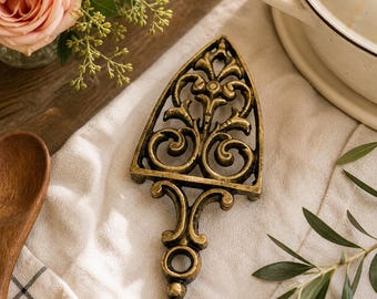 Vintage Brass Trivet Ornate Fleur De Lis Hot Plate Cast Metal Kitchen Decor French Country Farmhouse