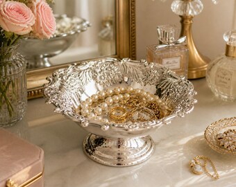 Vintage Silver Plated Pedestal Bowl Ornate Floral Candy Dish Made in Japan Holiday Imports Serving Dish