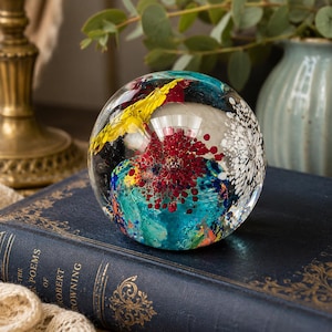 Vintage Murano Style Art Glass Paperweight, Millefiori Exploding Flowers Fireworks Design, 6 Color Glass Sphere, Desk Decor Collectible