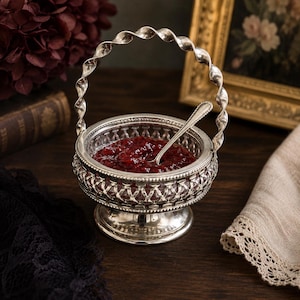 May include: A silver-toned metal jam bowl with a decorative openwork lattice design, a circular base, and a tall, twisted handle. The bowl contains a deep red fruit preserve and includes a small matching silver-toned spoon resting inside.