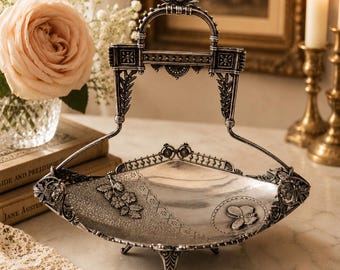 Vintage Silver Plate Basket Bowl with Ornate Handle, Romantic Victorian Candy Dish, Antique Style Brides Basket, Regency Vanity Decor
