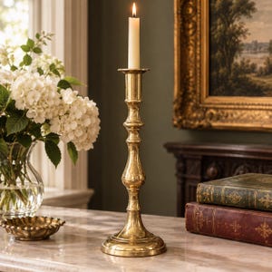 May include: A tall, polished brass candlestick holder with a slender, tiered stem and a wide, circular base. A single, off-white taper candle is inserted into the top socket, featuring a lit flame that casts a warm, soft glow downward.