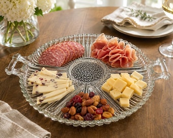 Vintage Clear Glass Charcuterie Serving Tray with Handles | Ribbed Pressed Glass Appetizer Platter | Cheese & Charcuterie Board