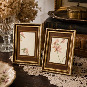 May include: Two rectangular picture frames with dark brown borders and gold beaded trim. Each frame contains a white mat with a brown inner border and a botanical illustration of pink flowers with green stems on a white background.
