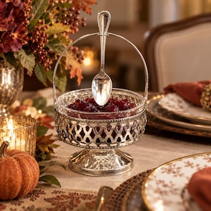 May include: A silver-toned metal serving bowl with a decorative lattice pattern and a matching arched handle. The bowl sits on a pedestal base and contains a glass insert filled with red jam, accompanied by a small silver-toned metal spoon.