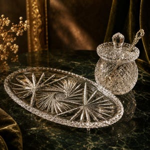 May include: A clear glass oval tray featuring a detailed starburst pattern and a matching lidded glass jar with a diamond-cut texture. The jar includes a small glass spoon resting inside, and both pieces exhibit intricate faceted edges and reflective surfaces.
