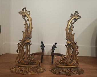 Antique Ornate Sand Cast Brass Andirons | Hand-Finished French Rococo Fire Dogs | Large Louis XV Style Fireplace Decor | Pair 19th Century