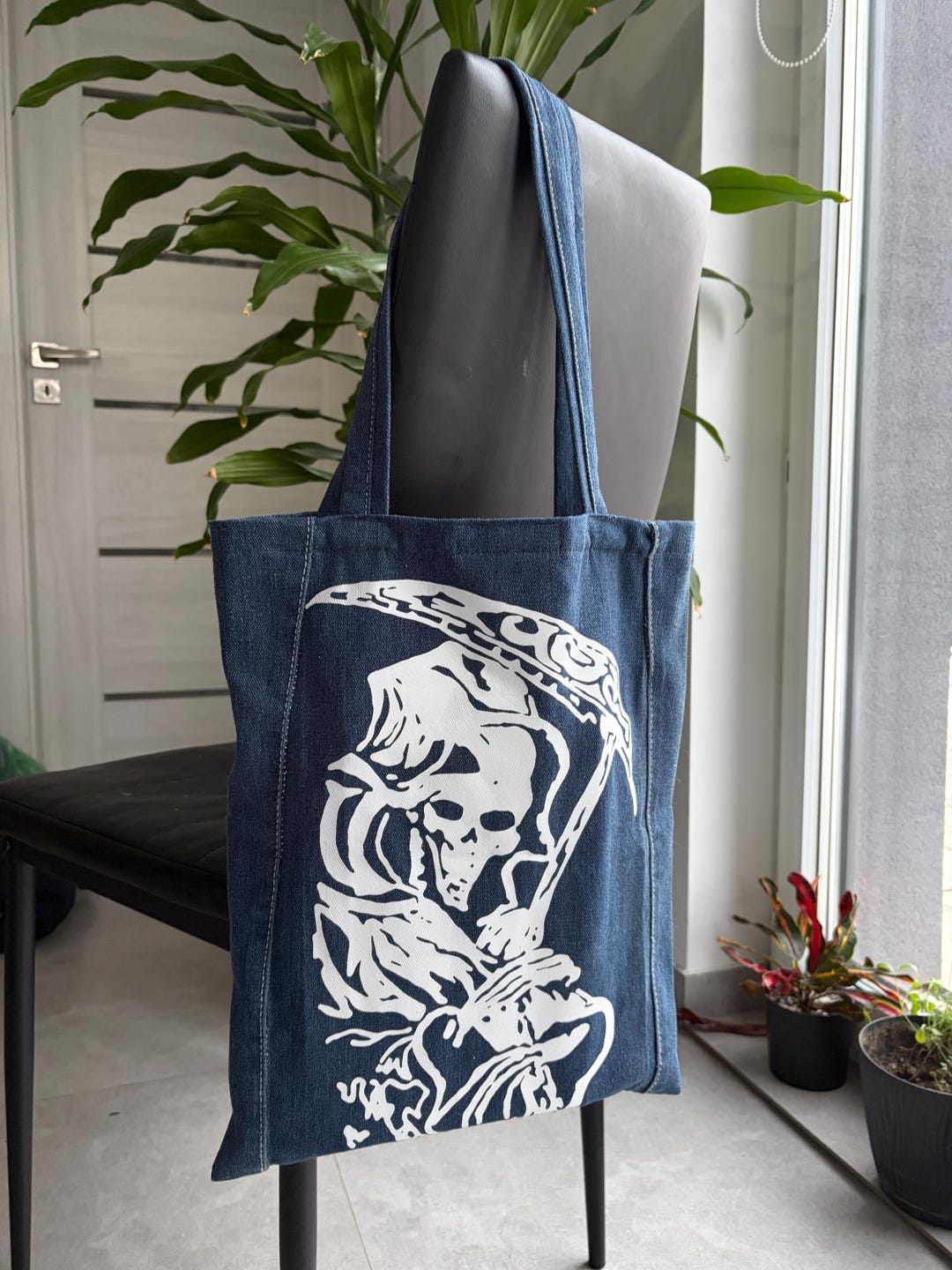 Sack Reaper Denim Grim Reaper Tote Bag - Gothic Skull Shoulder Bag With Scythe - Etsy