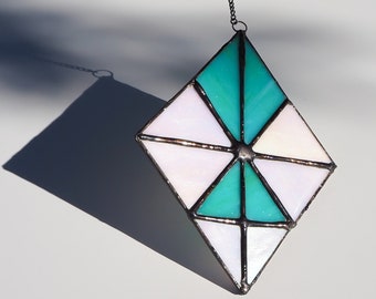 Stained Glass Diamond with Opaque Iridescent White Glass and Teal