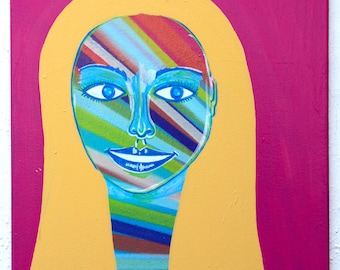 Free Shipping Portrait 20" x 16" woman contemporary art face modern canvas acrylic street art NYC colorful painting fine art by Chris Riggs