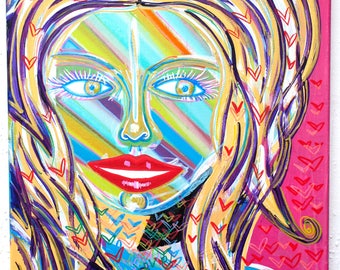 Free Shipping Portrait 20" x 16" woman contemporary art face modern canvas acrylic street art NYC colorful painting fine art by Chris Riggs