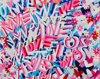 FREE SHIPPING 48' x 60" love original painting word art modern contemporary urban canvas streetart graffiti pop art spray paint acryl