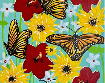 16 x 20 inches flowers butterflies painting free shipping contemporary modern pop acrylic paint design original Chris Riggst