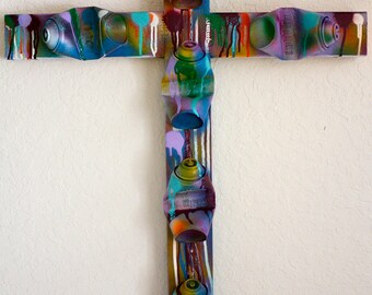 ORIGINAL Jesus Christ cross sculpture abstract spray paint cans dada street art  fine pop art