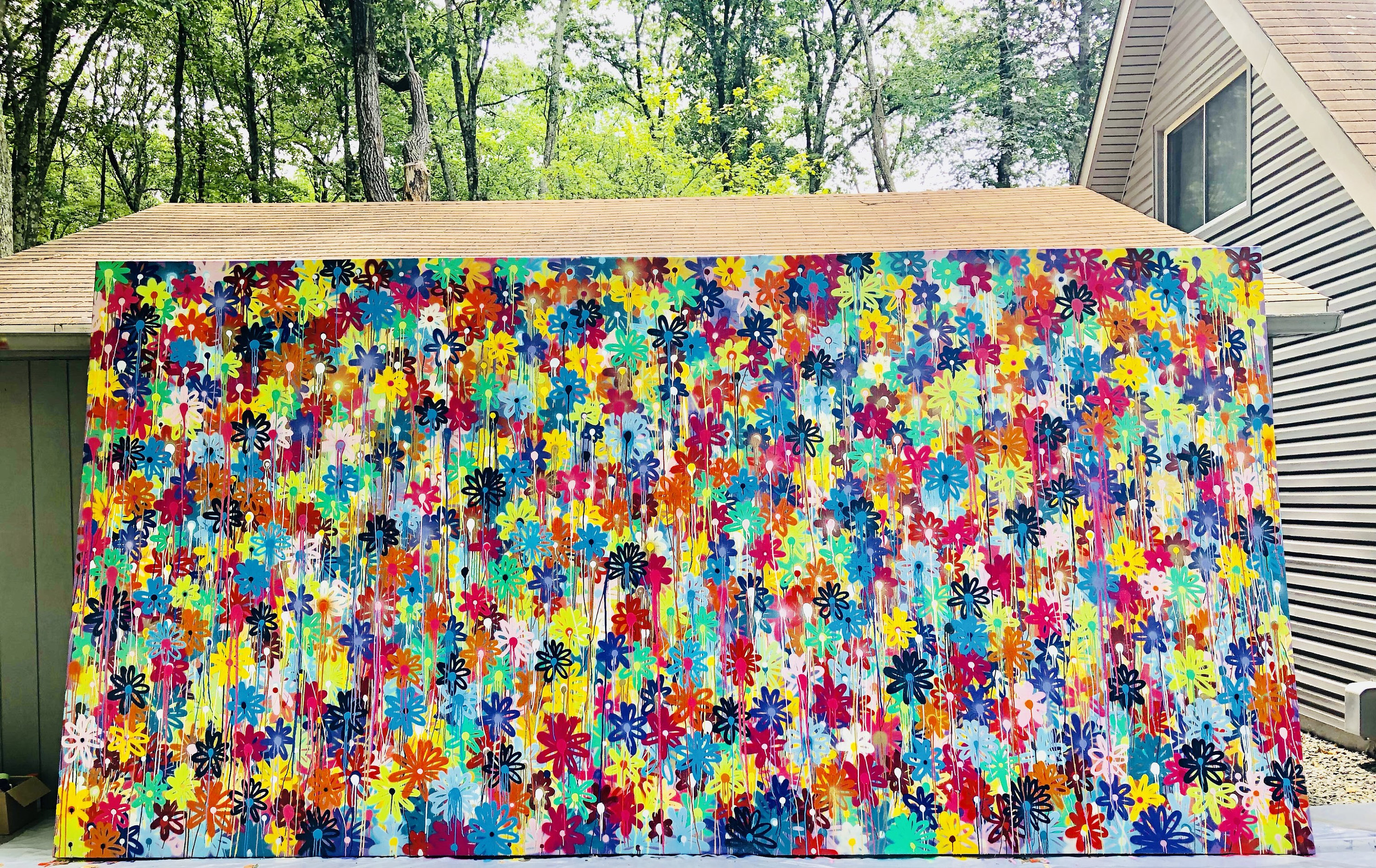 Vibrant Street Art Graffiti Spray Paint Flower on Wall Art Print Framed Poster Wall Decor 12x16 inch, Size: Framed Light Oak 12x16