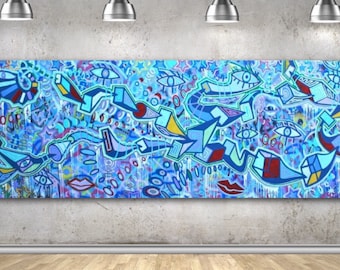 FREE SHIPPING abstract 168" x 57" rolled up cubism canvas fine art unframed surreal pop acrylic modern contemporary urban painting