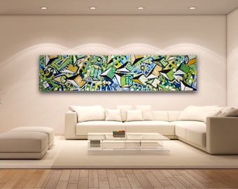 ORIGINAL large 58" x 14" contemporary urban pop art street art acrylic cubism abstract painting rolled up