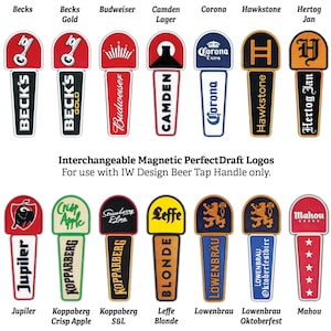 Peut inclure: Une collection de quatorze logos magnétiques interchangeables pour poignées de tirage de bière, présentant divers noms de marques et graphismes tels que Becks, Budweiser, Camden, Corona, Hawkstone, Hertog Jan, Jupiler, Kopparberg, Leffe, Lowenbrau et Mahou.