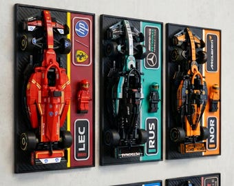 Soporte de pared para Lego F1 Speed Champions / Fondo con efecto fibra de carbono / Exhibidor de pared