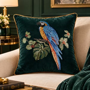 May include: A square dark green velvet throw pillow featuring an embroidered macaw parrot perched on a branch. The parrot has blue, yellow, and red plumage. The design includes green tropical leaves and small red berries, finished with gold piping.