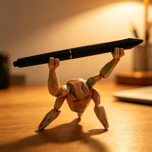 May include: A wooden artist's mannequin holds a black pen aloft. The pen is cylindrical with a silver band near the tip. The mannequin is made of light-colored wood with green paint accents on the joints, set against a warm, blurred background.