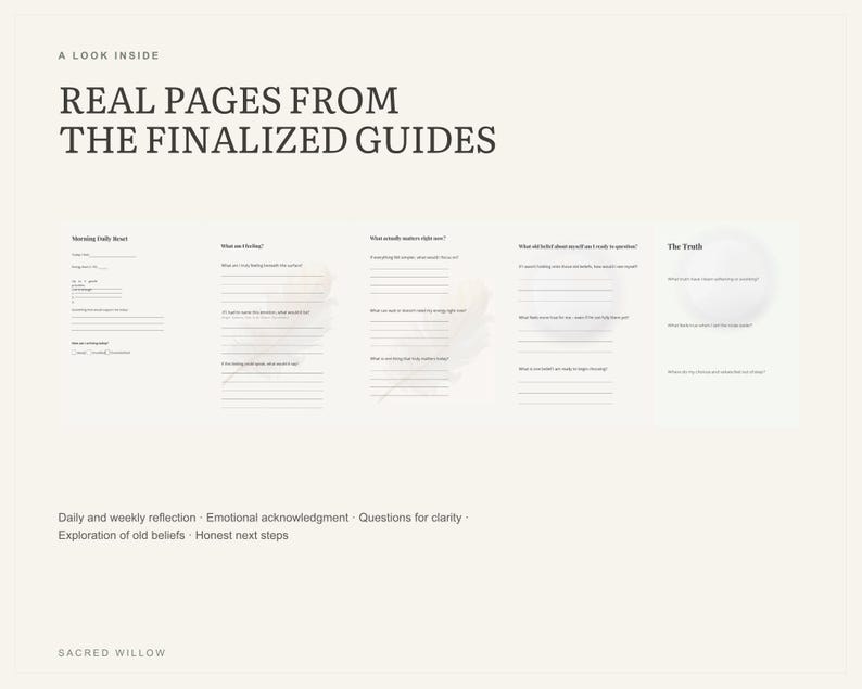 May include: A digital display showing five pages from a guide with the text A LOOK INSIDE REAL PAGES FROM THE FINALIZED GUIDES. The pages feature lined sections for writing, titled Morning Daily Reset, What am I feeling, and The Truth.