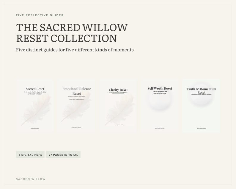 May include: The Sacred Willow Reset Collection consists of five digital PDF guides titled Sacred Reset, Emotional Release Reset, Clarity Reset, Self Worth Reset, and Truth & Momentum Reset. The set includes 27 pages in total on a light background.